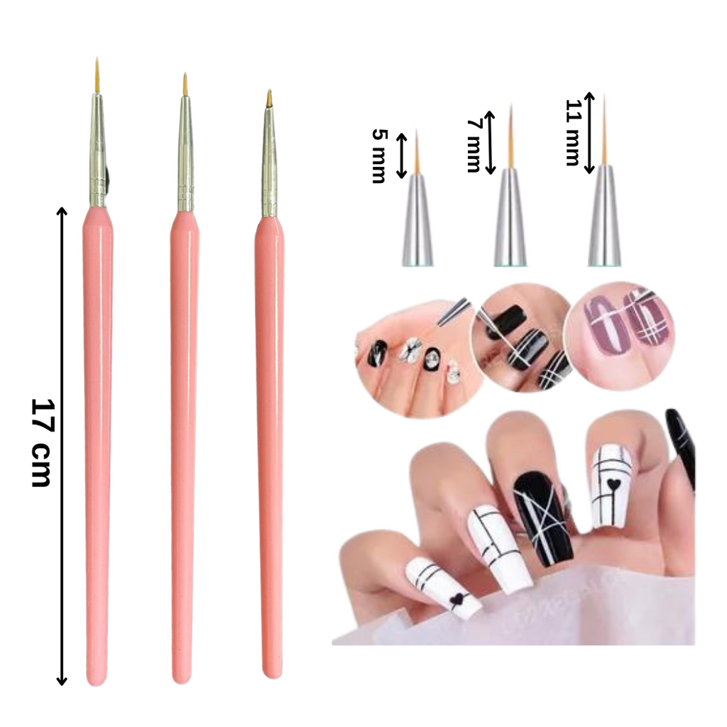 Pincel Liner Fino Para Mano Alzada Uñas Kit con 3 piezas Rosa