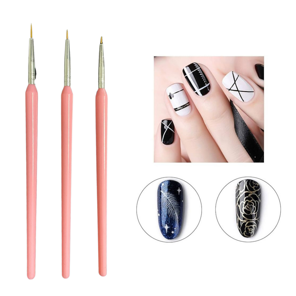 Pincel Liner Fino Para Mano Alzada Uñas Kit con 3 piezas Rosa