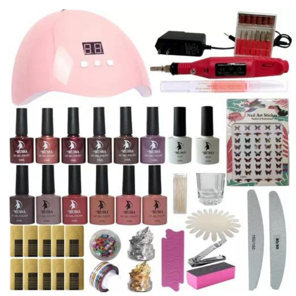 Kit Mussa Uñas Acrílicas 12 Esmaltes Lampara Pulidora 46 Pz